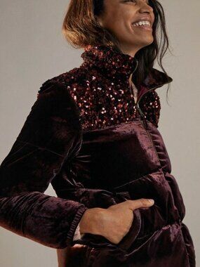 NWT Anthropologie Vera velvet sequin puffer jacket zip burgundy  Large
